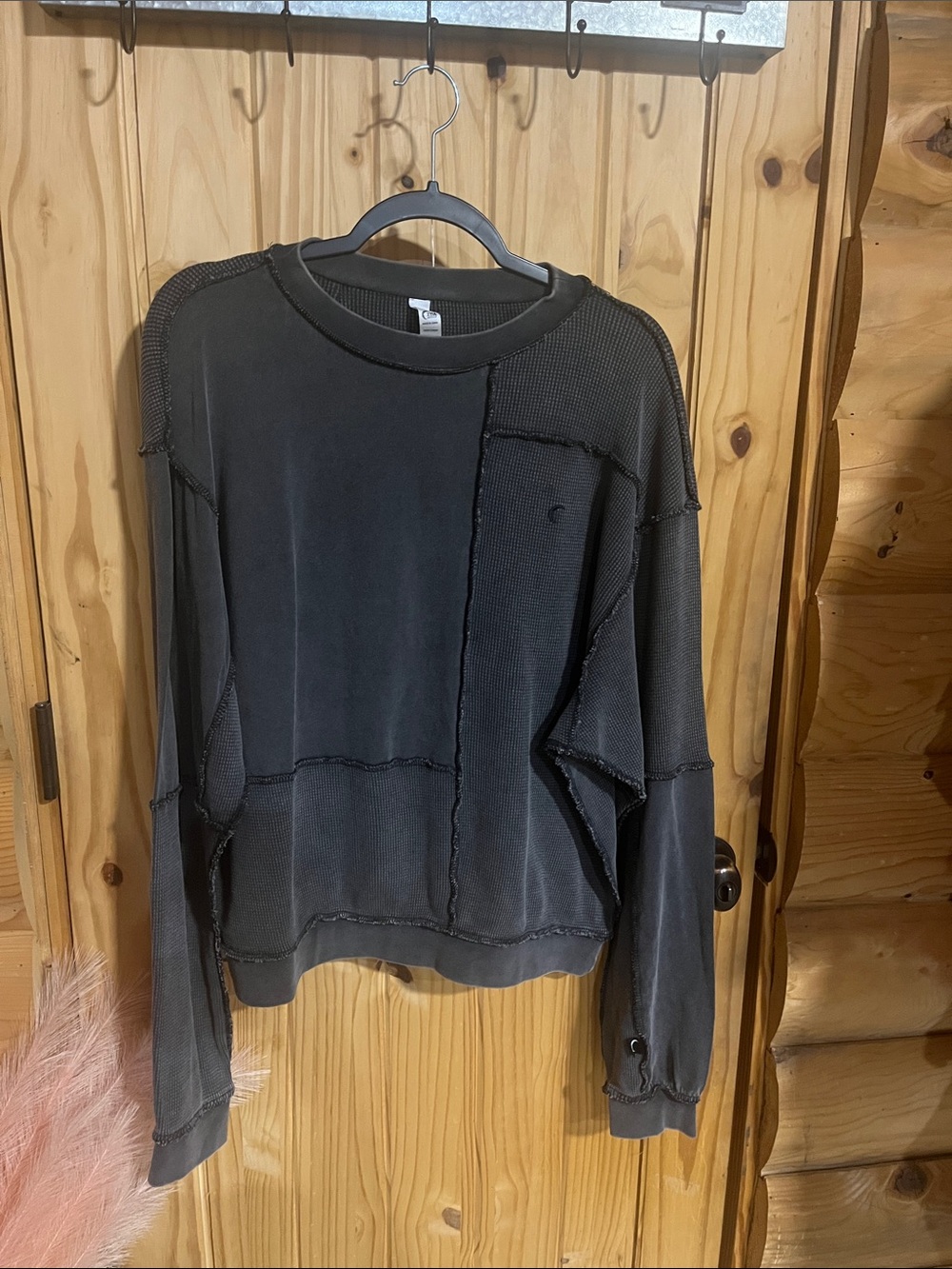 ZYIA Patchwork charcoal gray Crewneck Waffle-Back Pullover